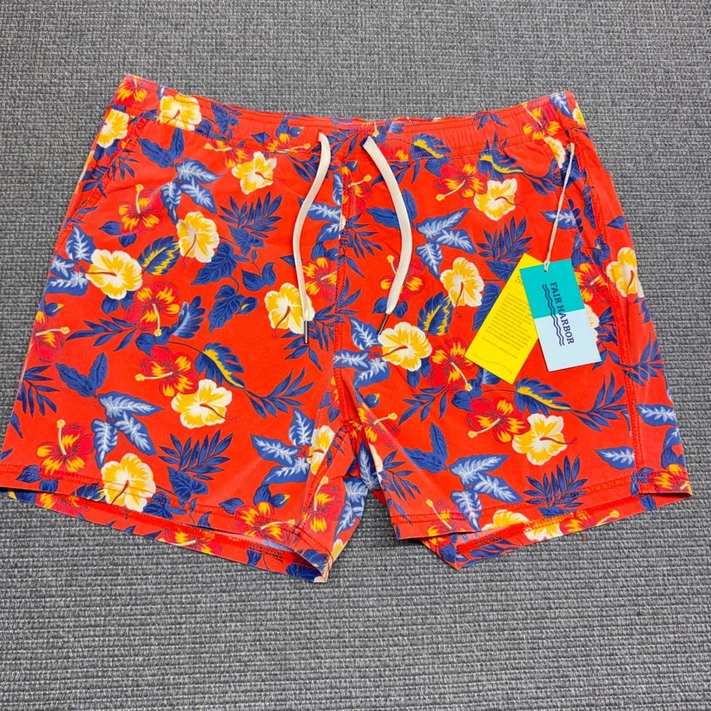 Fair Harbor Mens Red Hibiscus Floral Recycled Swim Shorts XL NWT Tropical Trunks